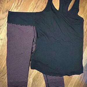 Lucy Black Razor Back Tank and Pink Striped Capri Leggings Workout Outfit, Sz Sm